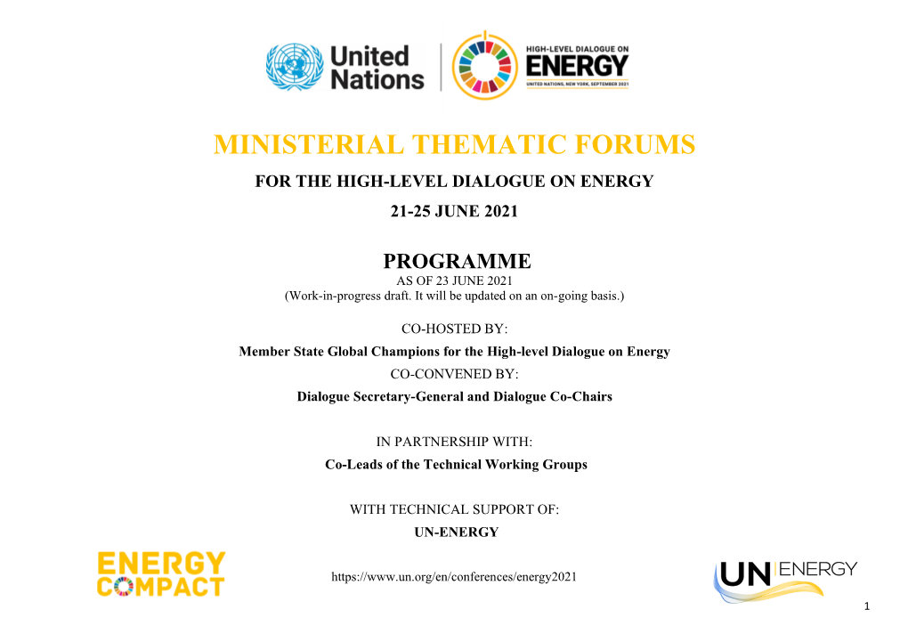 Ministerial Thematic Forums for the High-Level Dialogue on Energy 21-25 June 2021