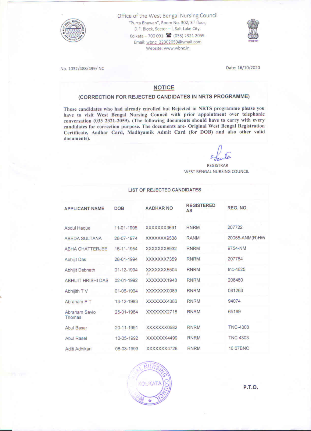 Correction for Rejected Candidates in Nrts Programme