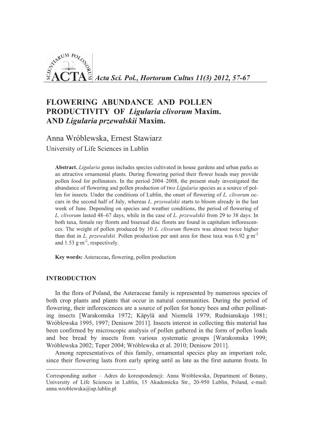 FLOWERING ABUNDANCE and POLLEN PRODUCTIVITY of Ligularia Clivorum Maxim