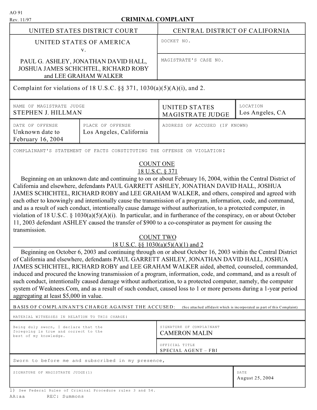 UNITED STATES of AMERICA V. PAUL G. ASHLEY, JONATHAN