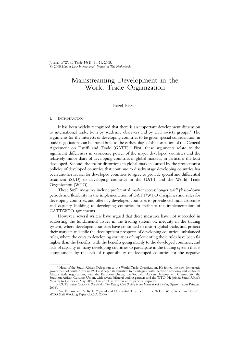 Mainstreaming Development in the World Trade Organization