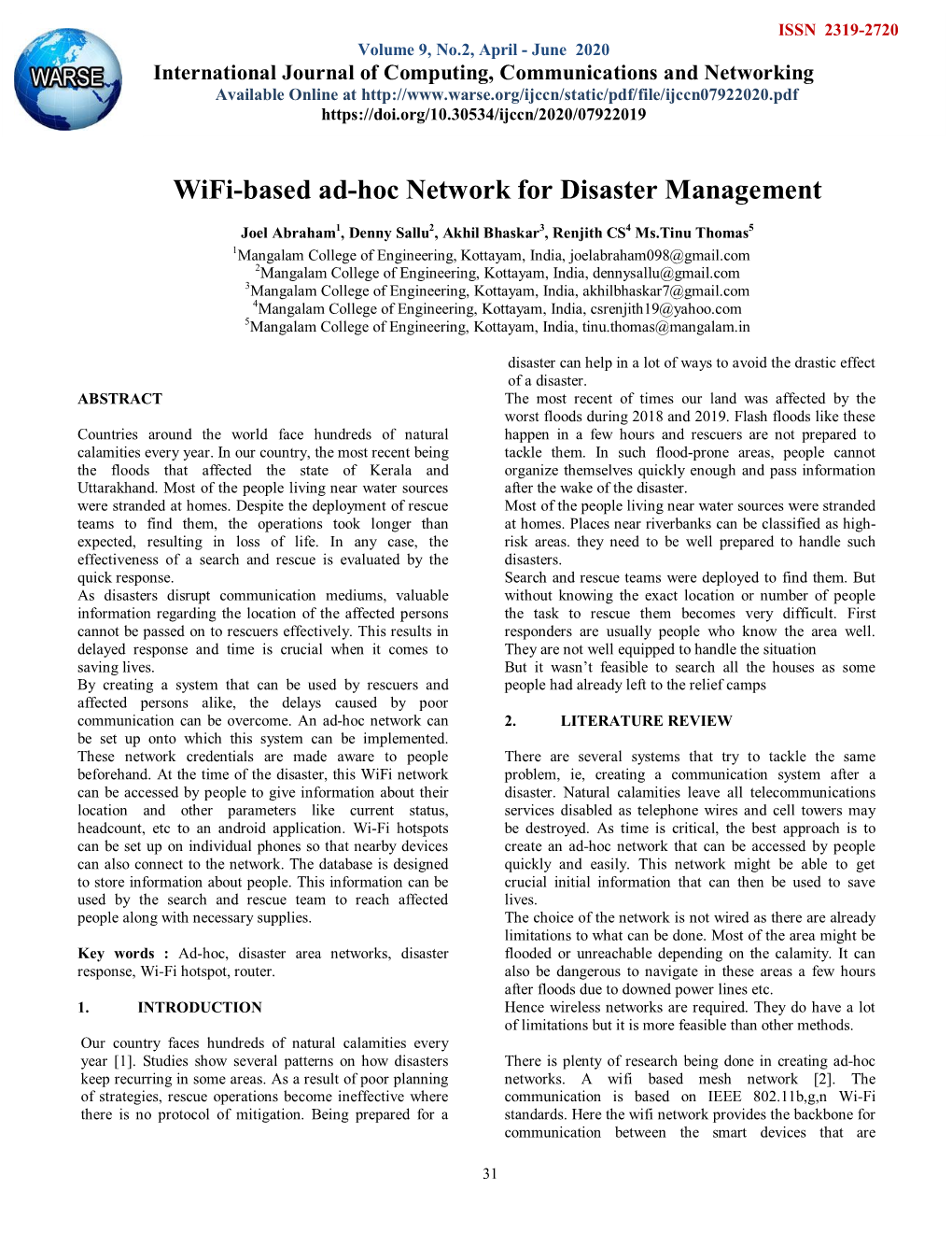 Wifi-Based Ad-Hoc Network for Disaster Management