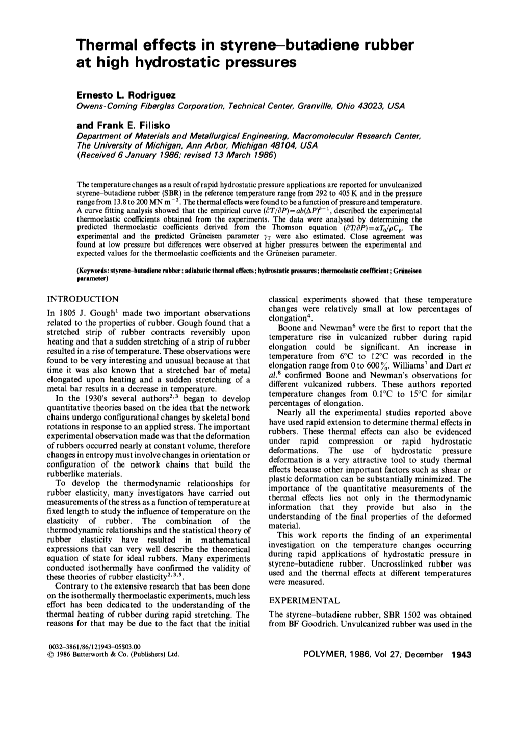 Thermal Effects in Styrene-Butadiene Rubber at High Hydrostatic Pressures