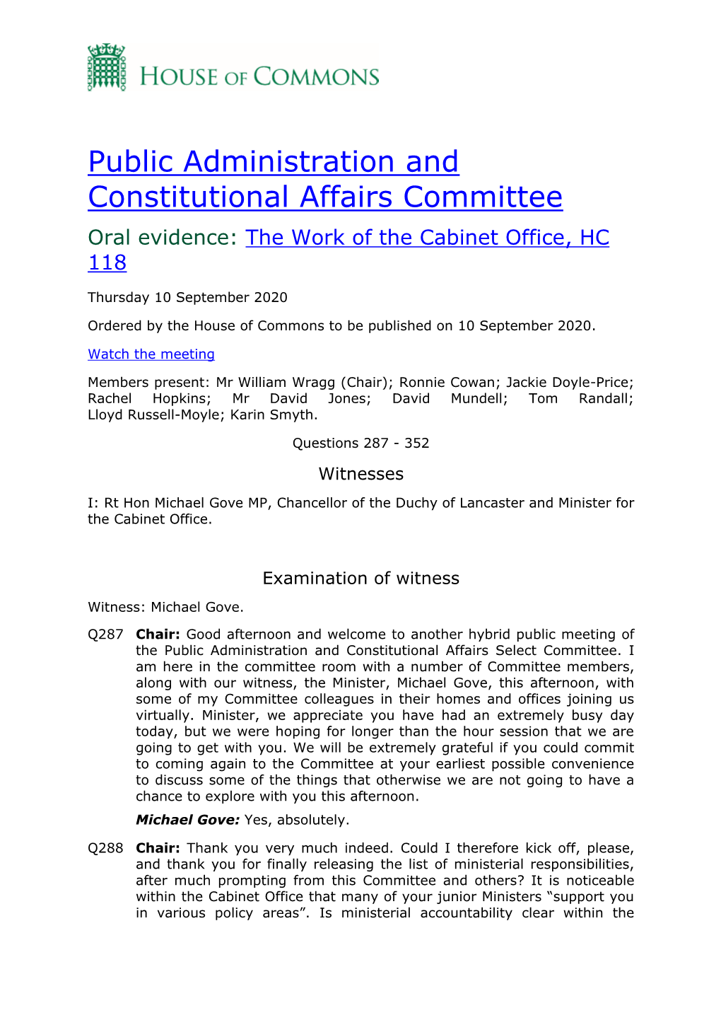 Public Administration and Constitutional Affairs Committee Oral Evidence: the Work of the Cabinet Office, HC 118