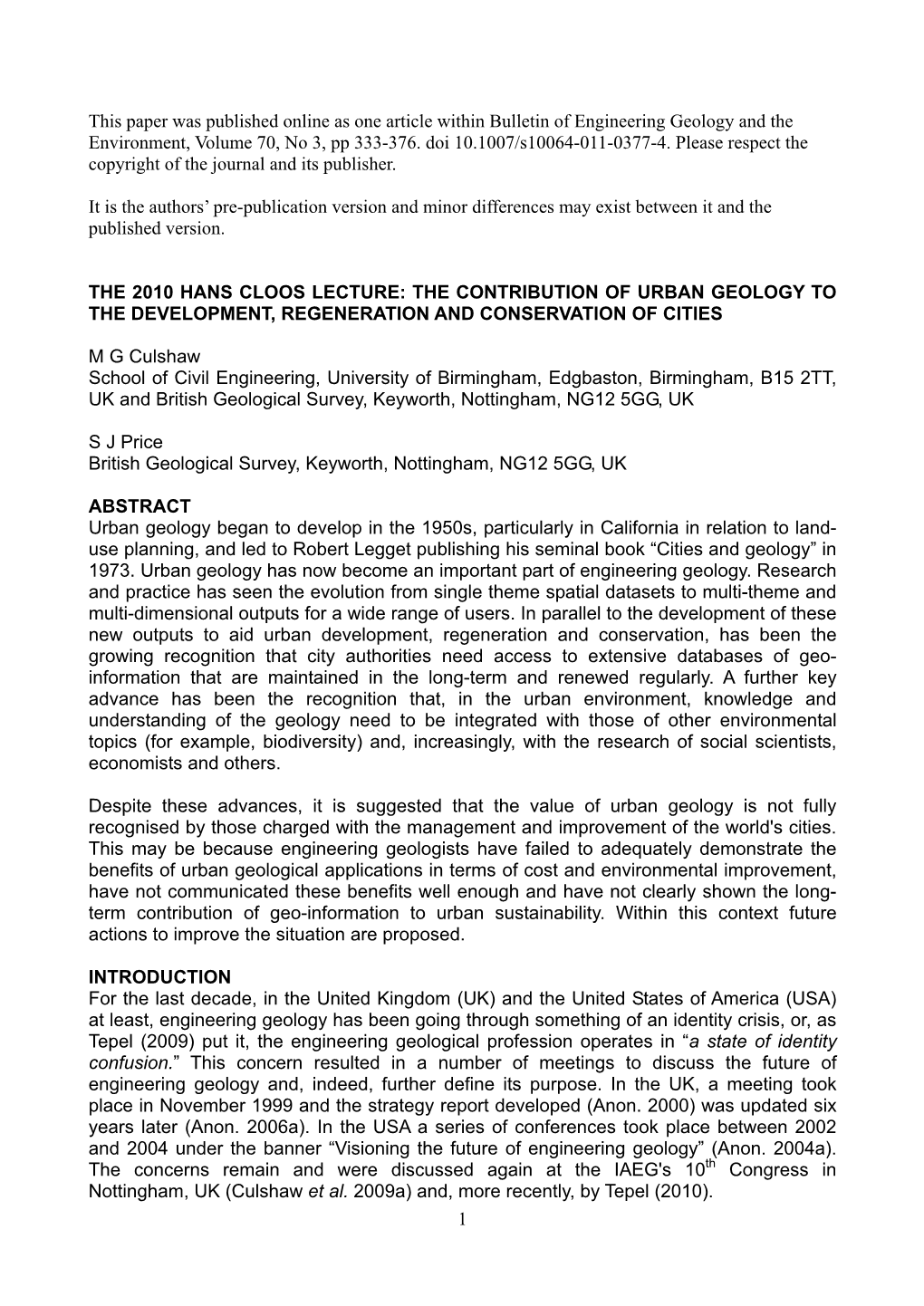 1 This Paper Was Published Online As One Article Within Bulletin of Engineering Geology and the Environment, Volume 70, No 3, Pp