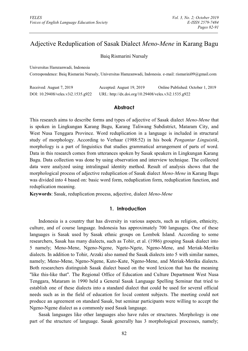 Adjective Reduplication of Sasak Dialect Meno-Mene in Karang Bagu