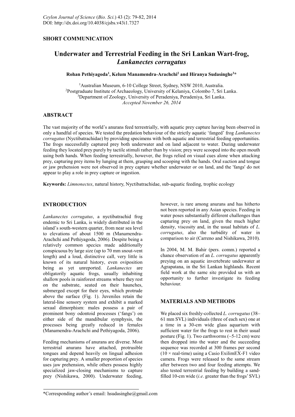 Underwater and Terrestrial Feeding in the Sri Lankan Wart-Frog, Lankanectes Corrugatus