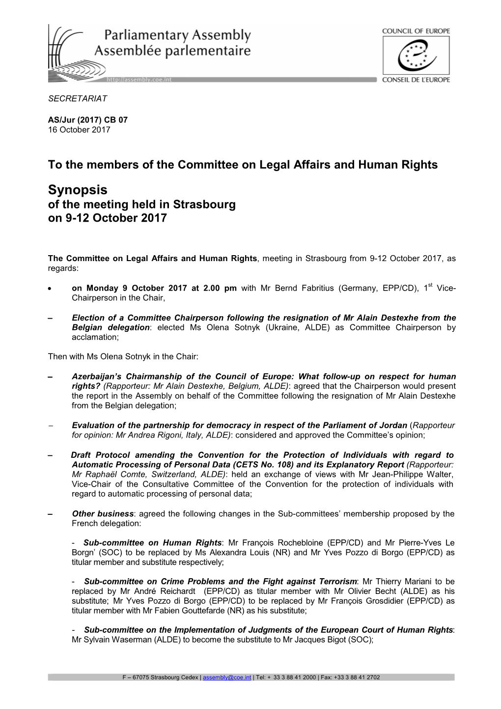 Synopsis of the Meeting Held in Strasbourg on 9-12 October 2017