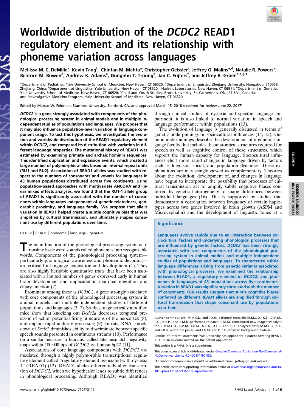 Worldwide Distribution of the DCDC2 READ1 Regulatory Element and Its Relationship with Phoneme Variation Across Languages