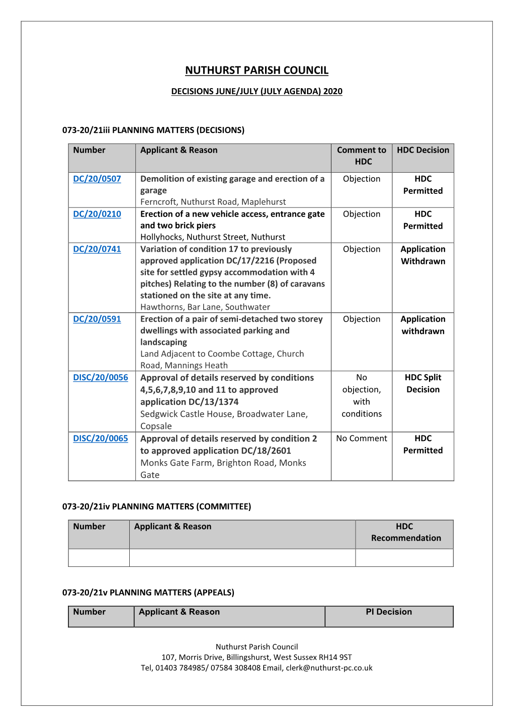 Decisions June/July (July Agenda) 2020