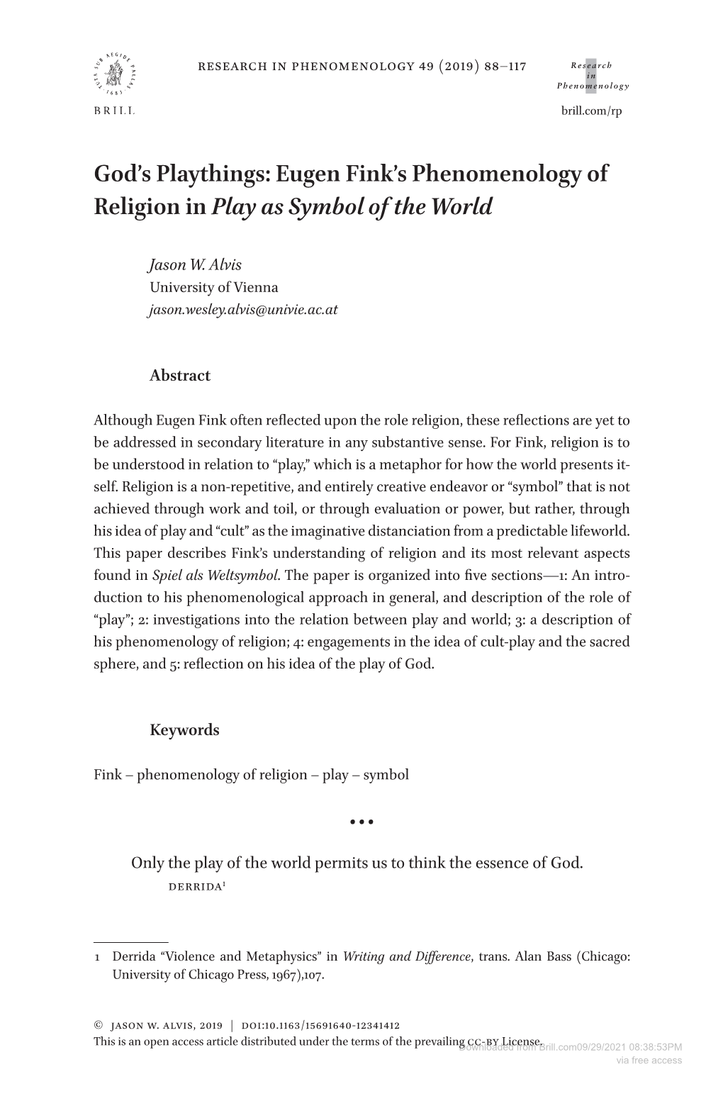 Eugen Fink's Phenomenology of Religion in Play As Symbol Of