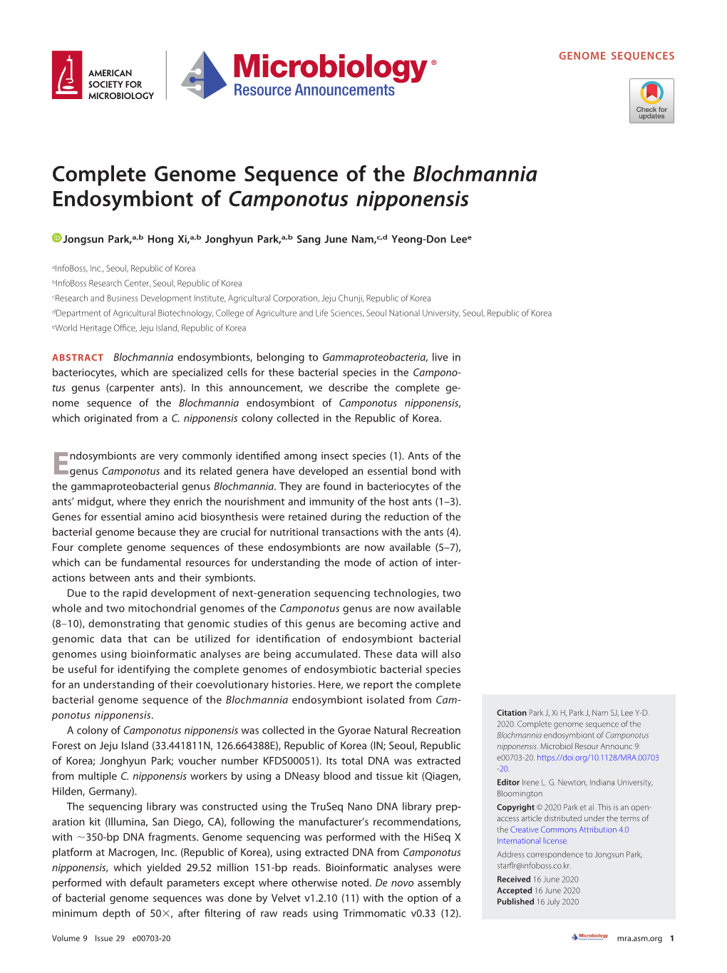 Complete Genome Sequence of the Blochmannia Endosymbiont of Camponotus Nipponensis