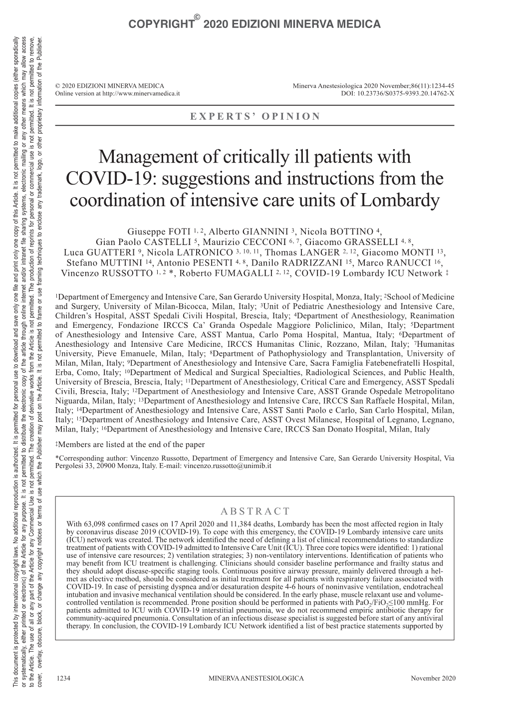 Management of Critically Ill Patients with COVID-19: Suggestions and Instructions from the Coordination of Intensive Care Units of Lombardy
