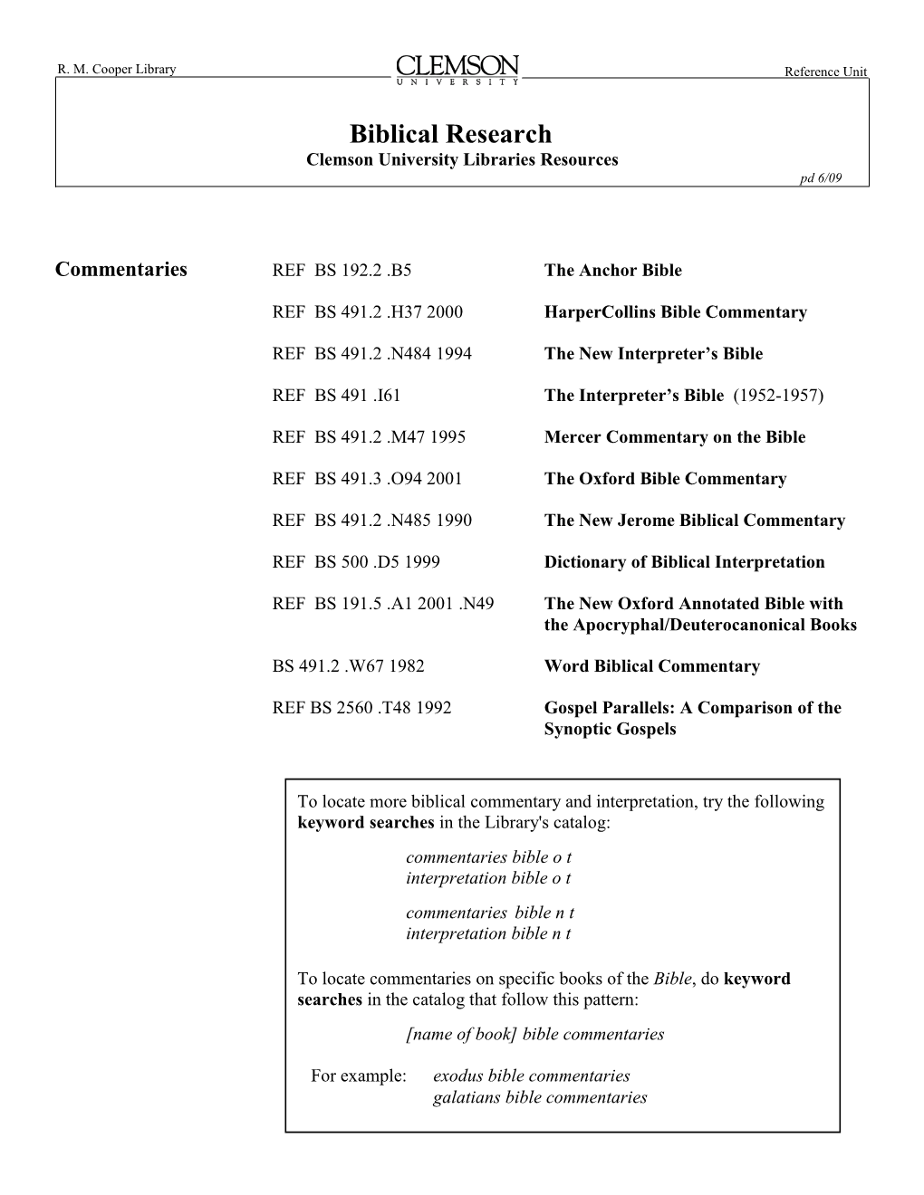 Biblical Research Clemson University Libraries Resources Pd 6/09