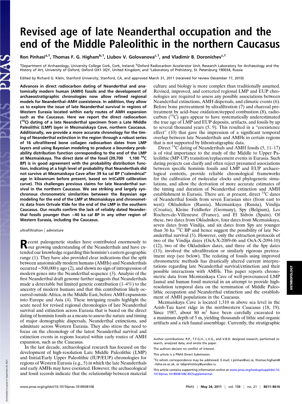 Revised Age of Late Neanderthal Occupation and the End of the Middle Paleolithic in the Northern Caucasus