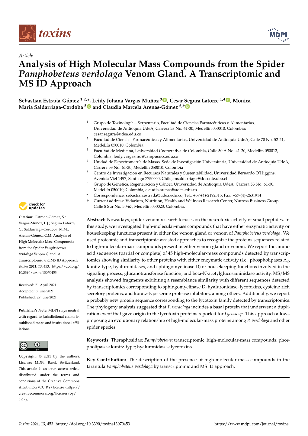 Analysis of High Molecular Mass Compounds from the Spider Pamphobeteus Verdolaga Venom Gland
