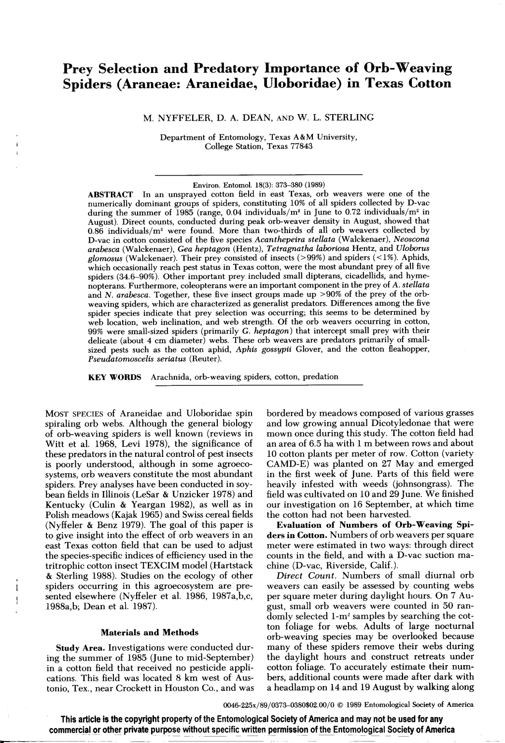 Prey Selection and Predatory Importance of Orb-Weaving Spiders (Araneae: Araneidaeo Uloboridae) in Texas Cotton