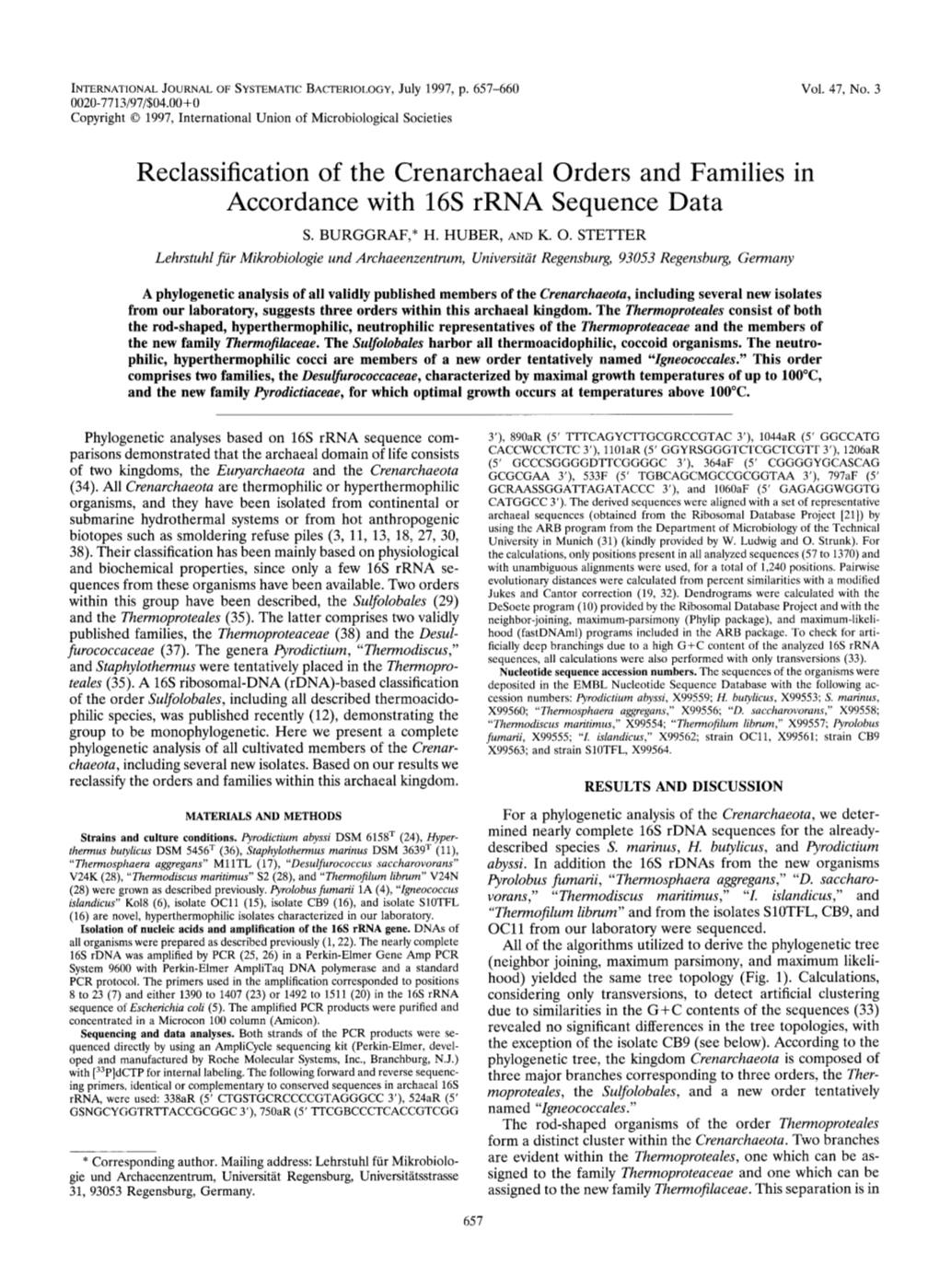 Reclassification of the Crenarchaeal Accordance with 16S Rrna Orders