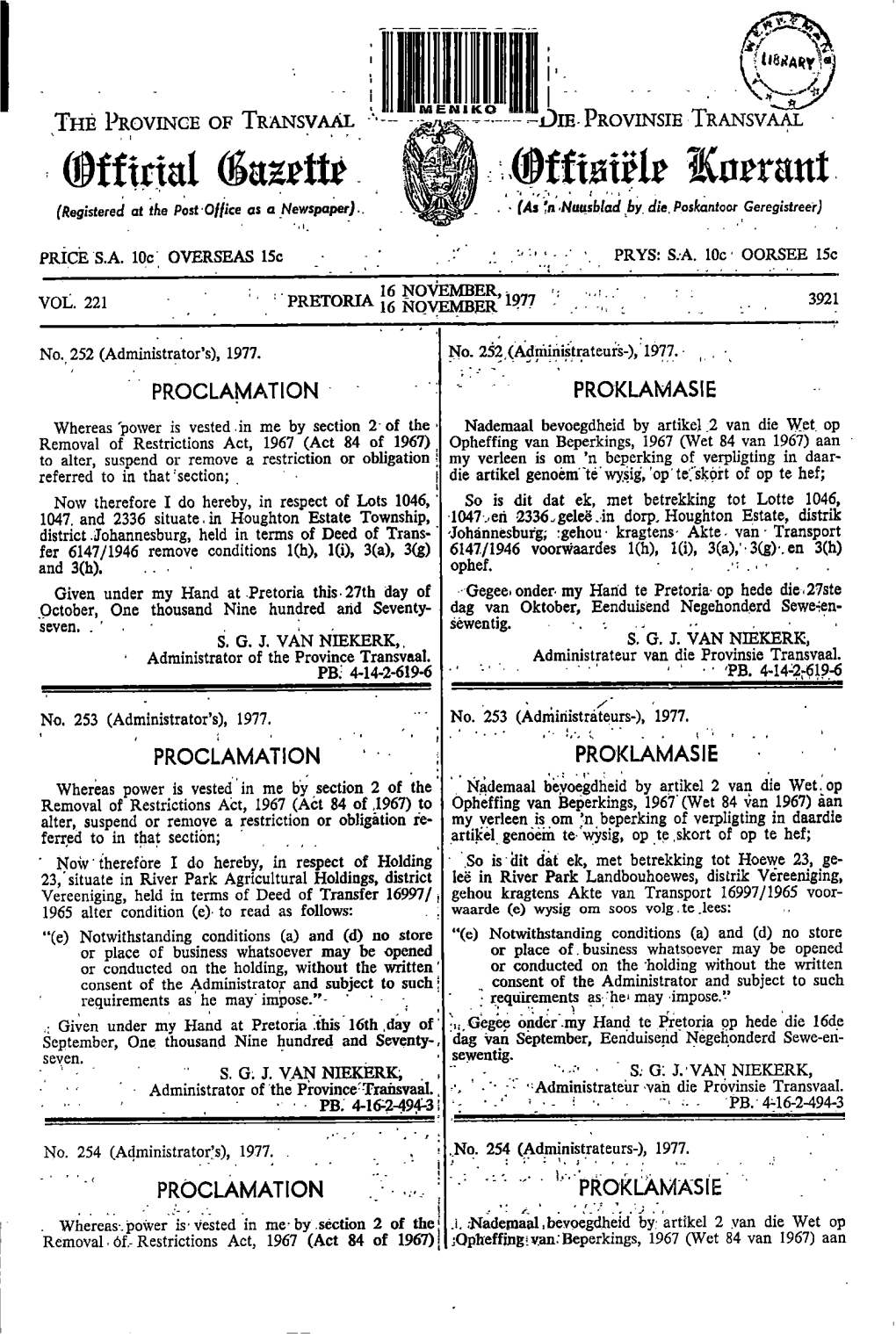 Transvaal Provincial Gazette Vol 221 No