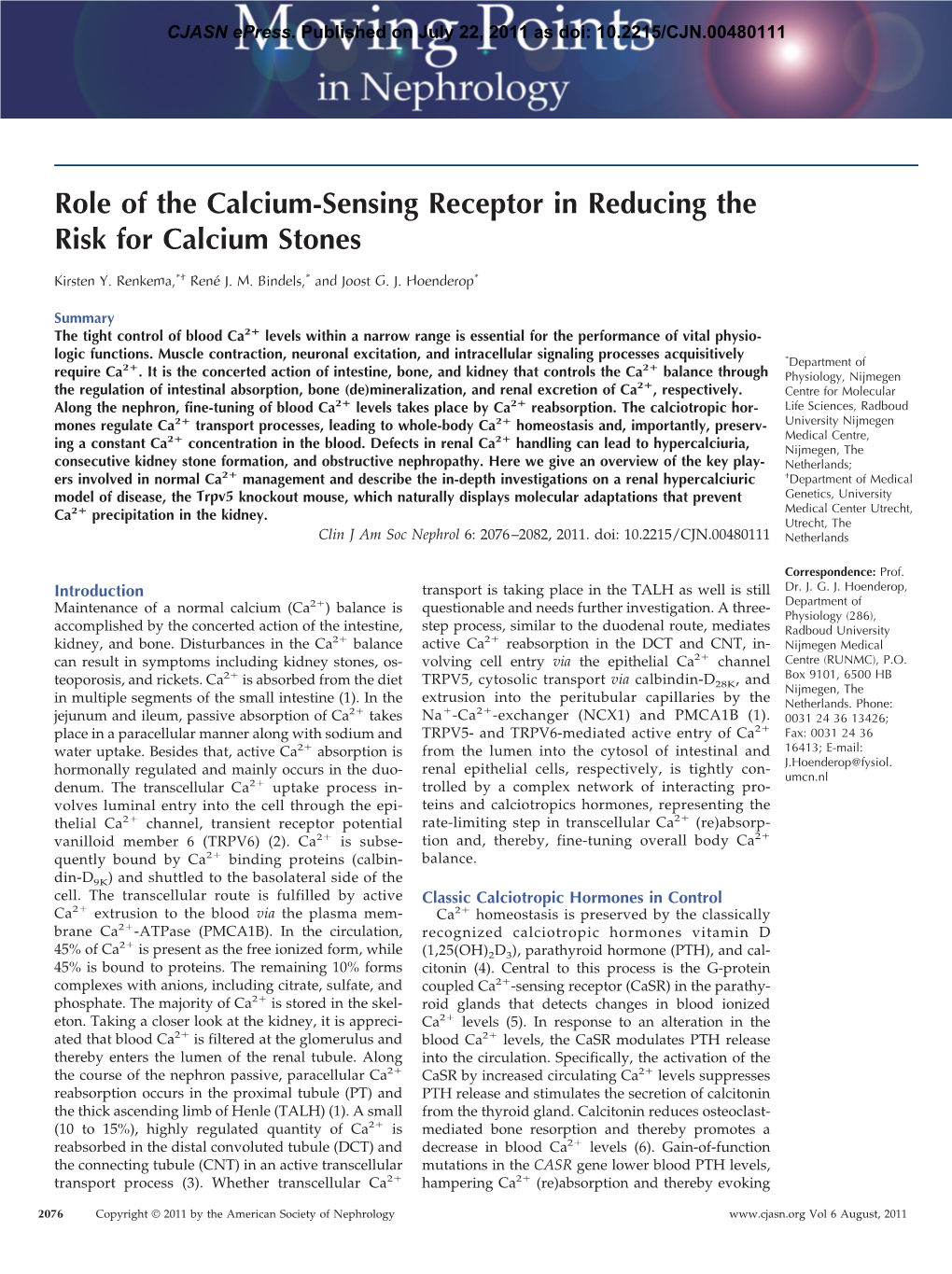 Role of the Calcium-Sensing Receptor in Reducing the Risk for Calcium Stones