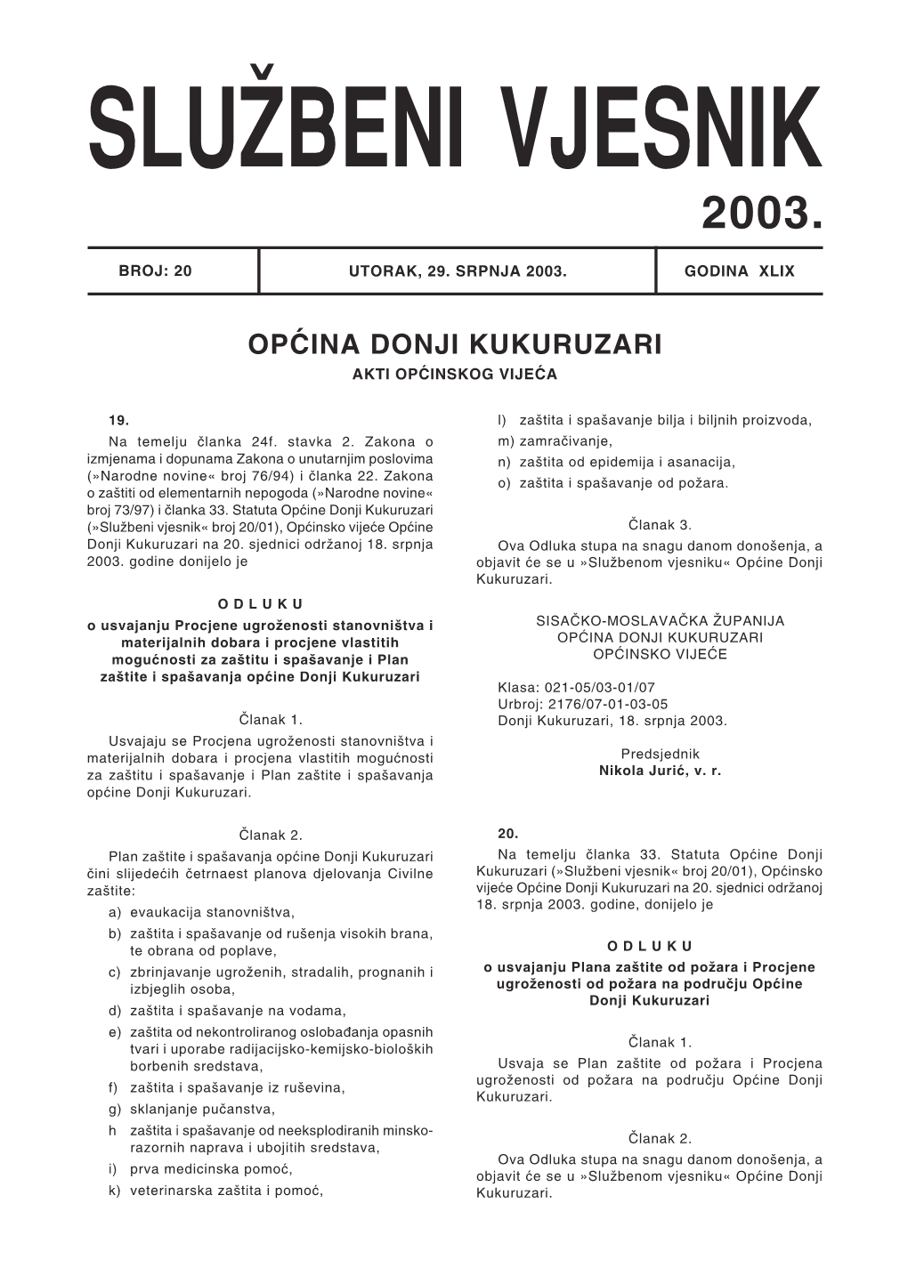 Općina Donji Kukuruzari Akti Općinskog Vijeća