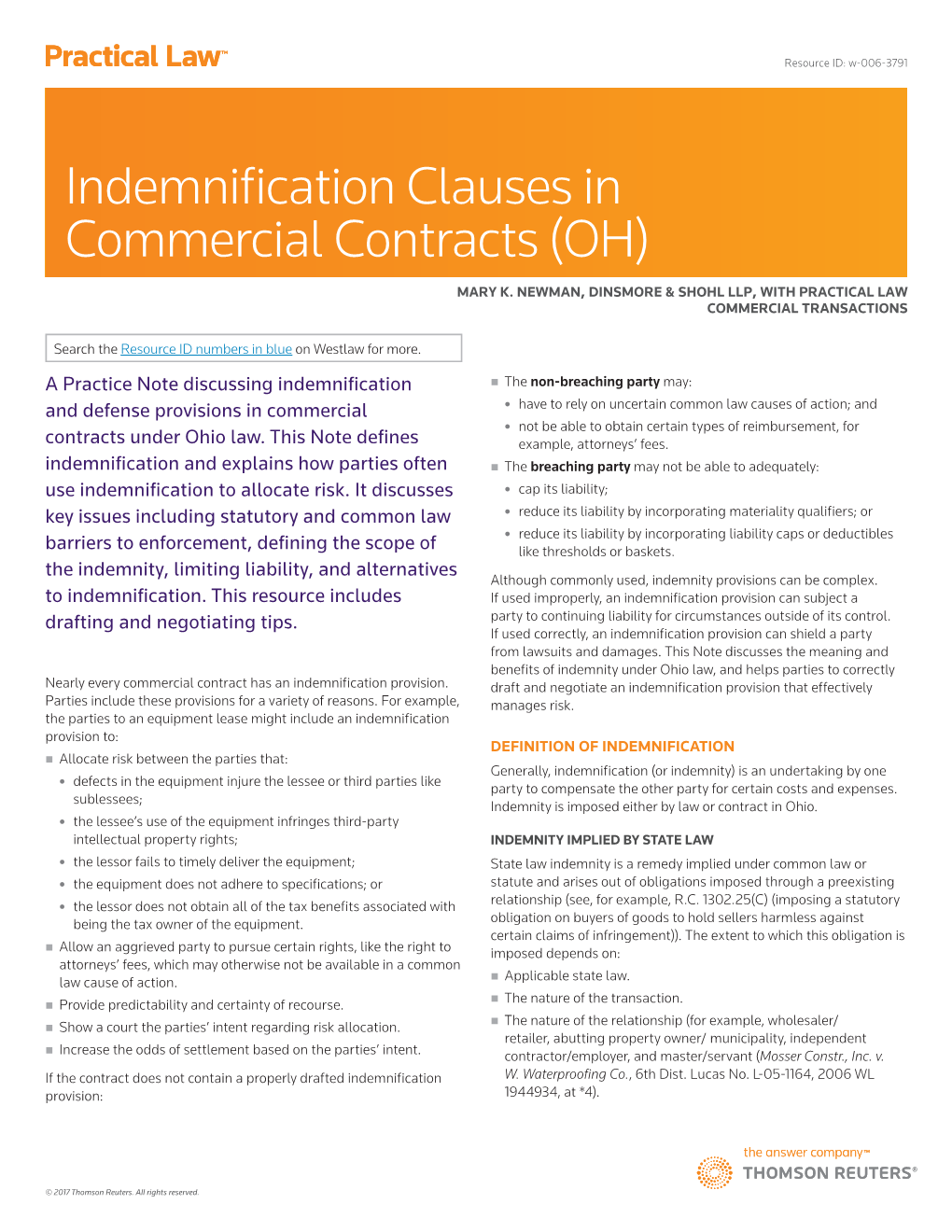 Indemnification Clauses in Commercial Contracts (OH)