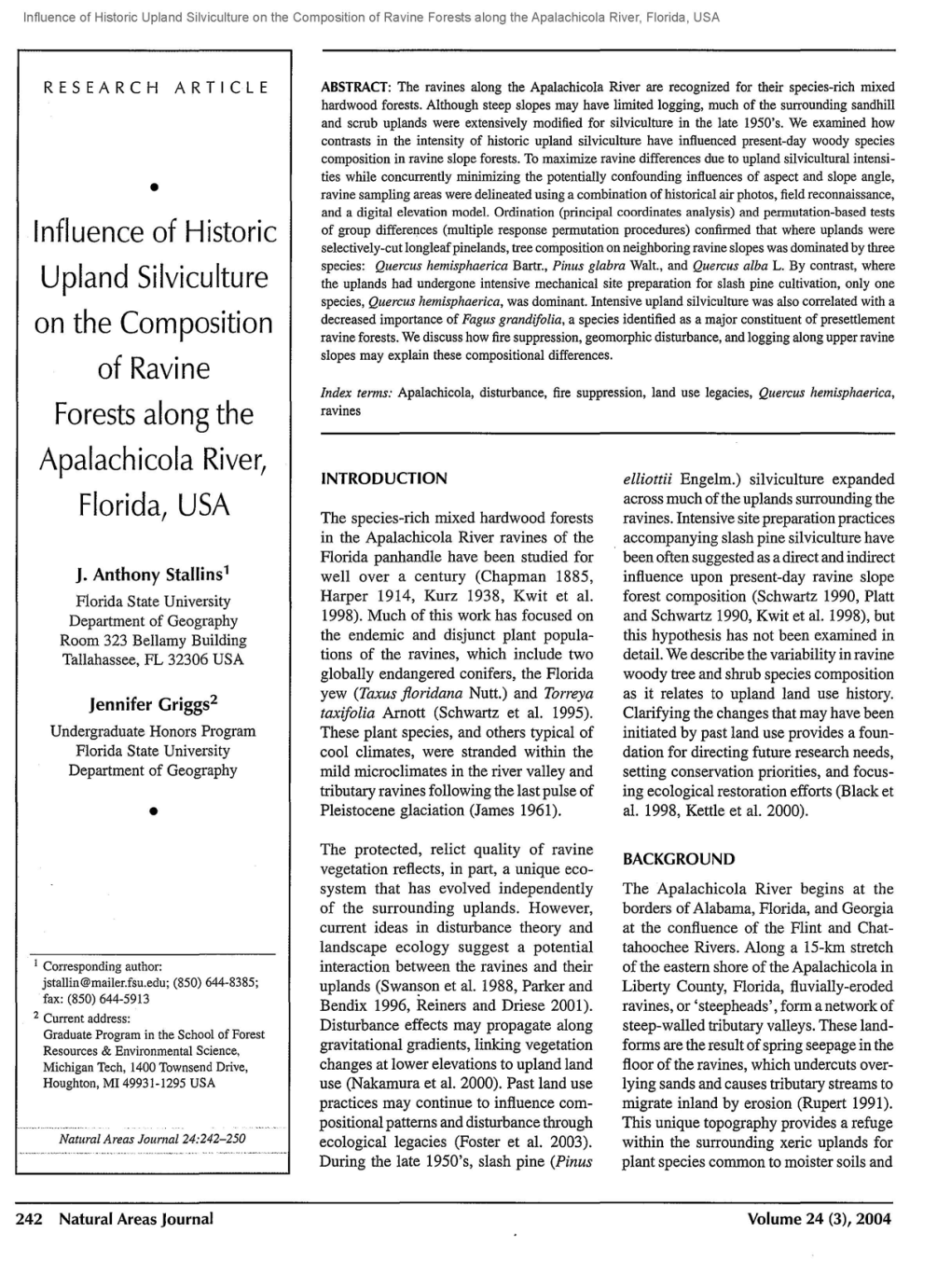 Influence of Historic Upland Silviculture on the Composition of Ravine Forests Along the Apalachicola River, Florida, USA