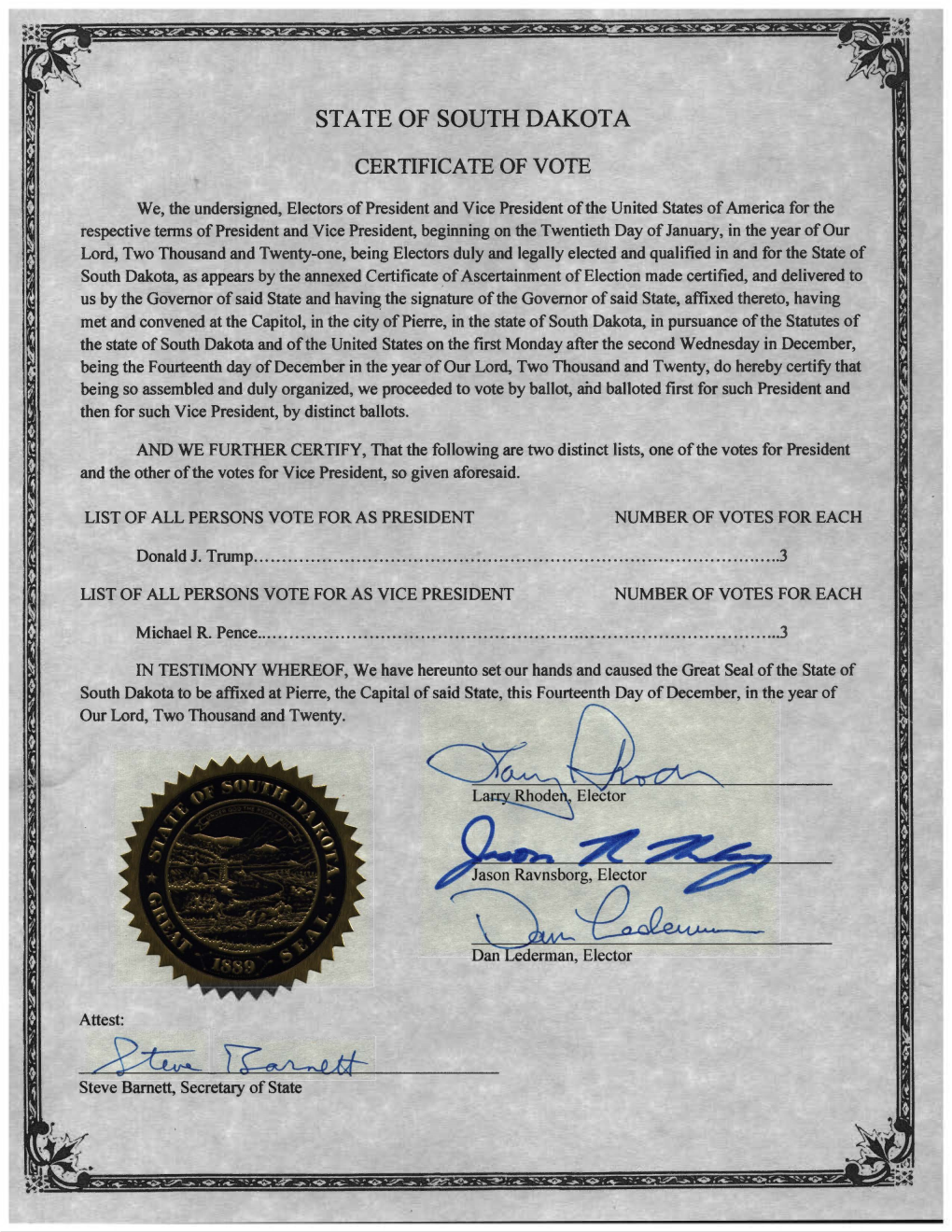 South Dakota Certificate of Vote 2020