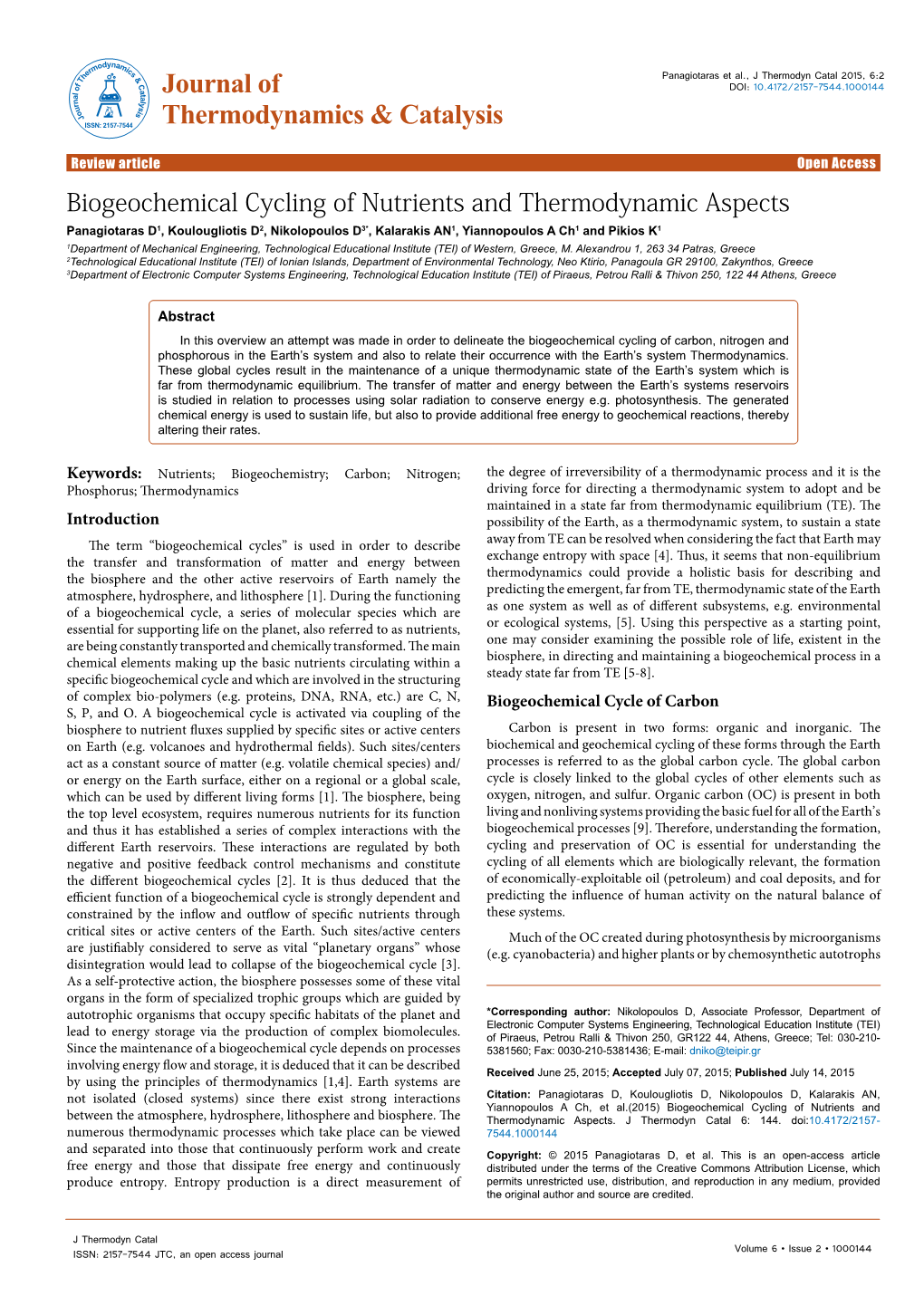 Biogeochemical Cycling of Nutrients and Thermodynamic Aspects