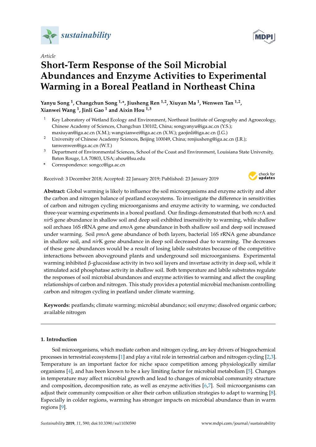 Short-Term Response of the Soil Microbial Abundances and Enzyme Activities to Experimental Warming in a Boreal Peatland in Northeast China