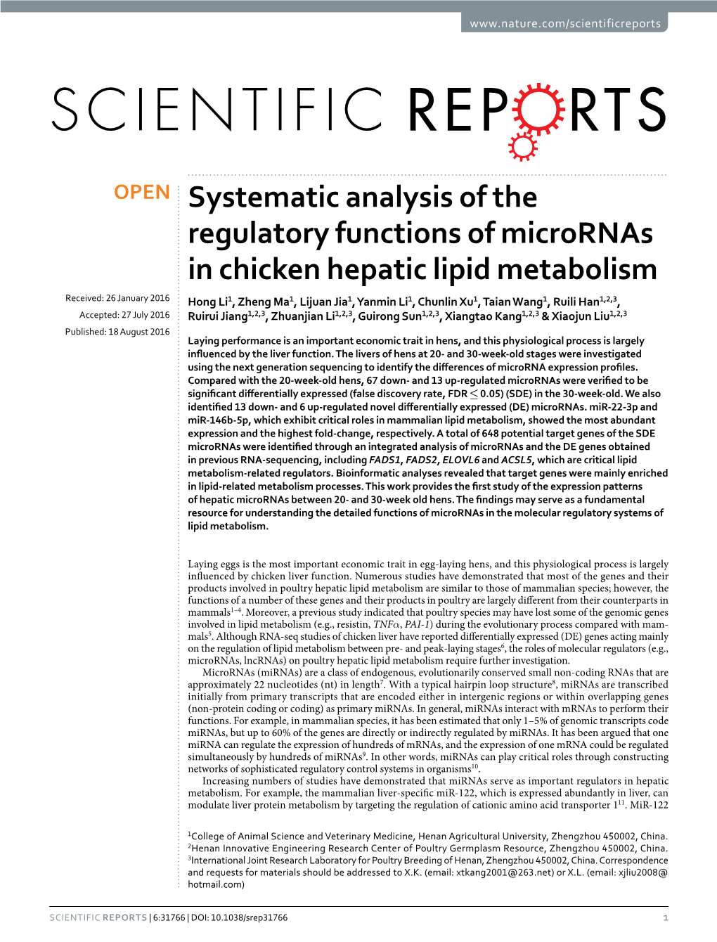 Systematic Analysis of the Regulatory Functions of Micrornas in Chicken Hepatic Lipid Metabolism