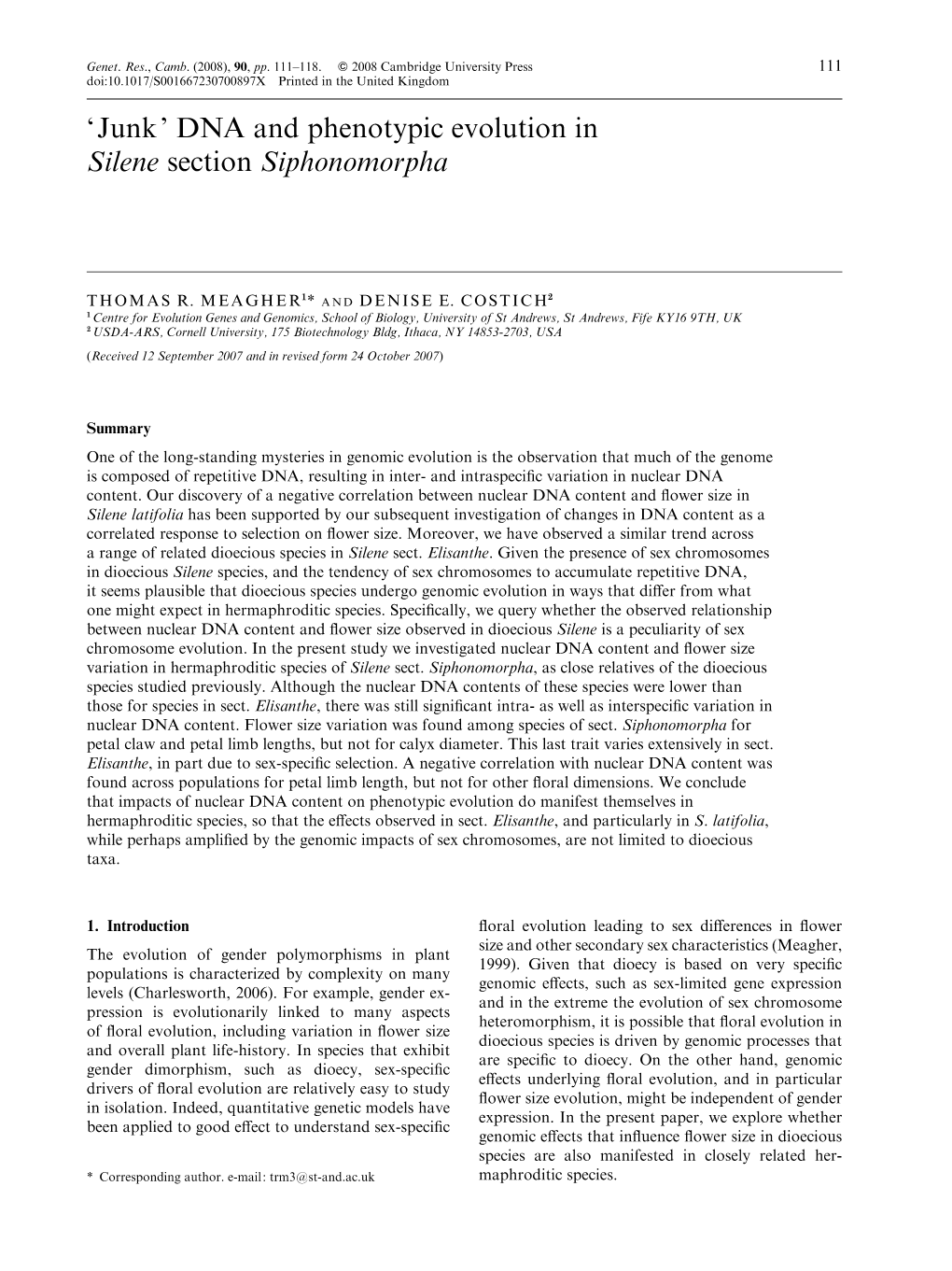 'Junk' DNA and Phenotypic Evolution in Silene Section Siphonomorpha