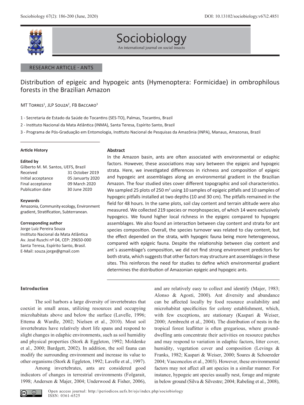 Sociobiology 67(2): 186-200 (June, 2020) DOI: 10.13102/Sociobiology.V67i2.4851