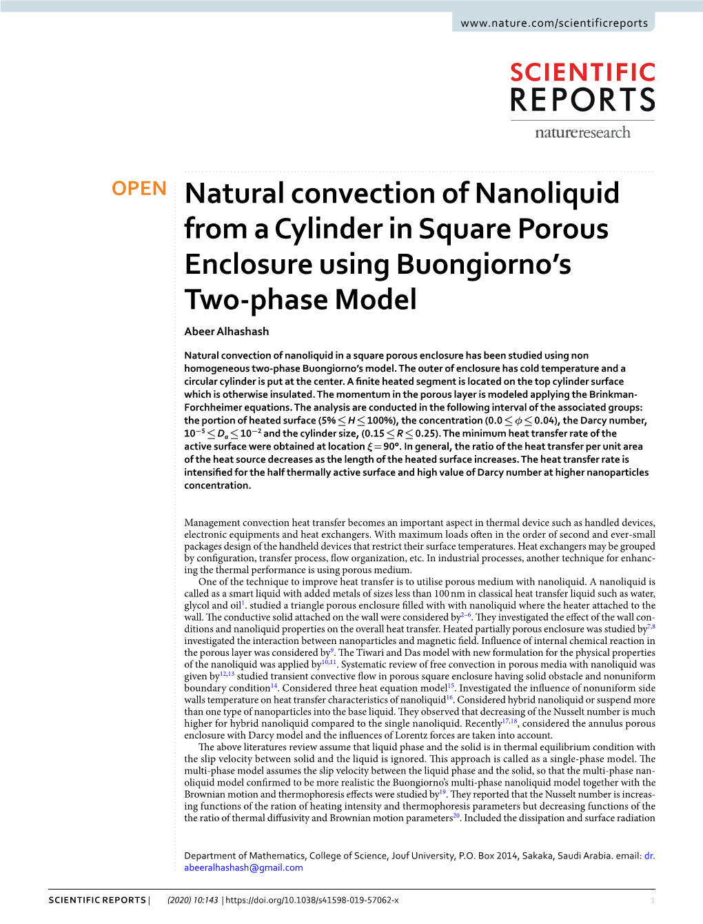 Natural Convection of Nanoliquid from a Cylinder in Square Porous Enclosure Using Buongiorno’S Two-Phase Model Abeer Alhashash