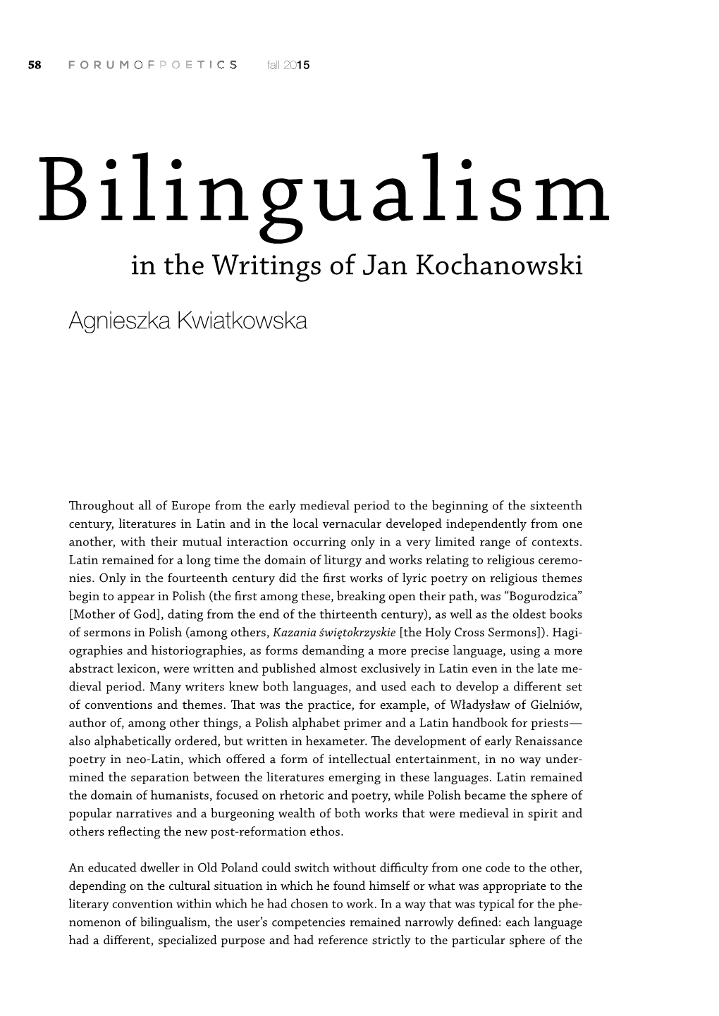 Bilingualism in the Writings of Jan Kochanowski