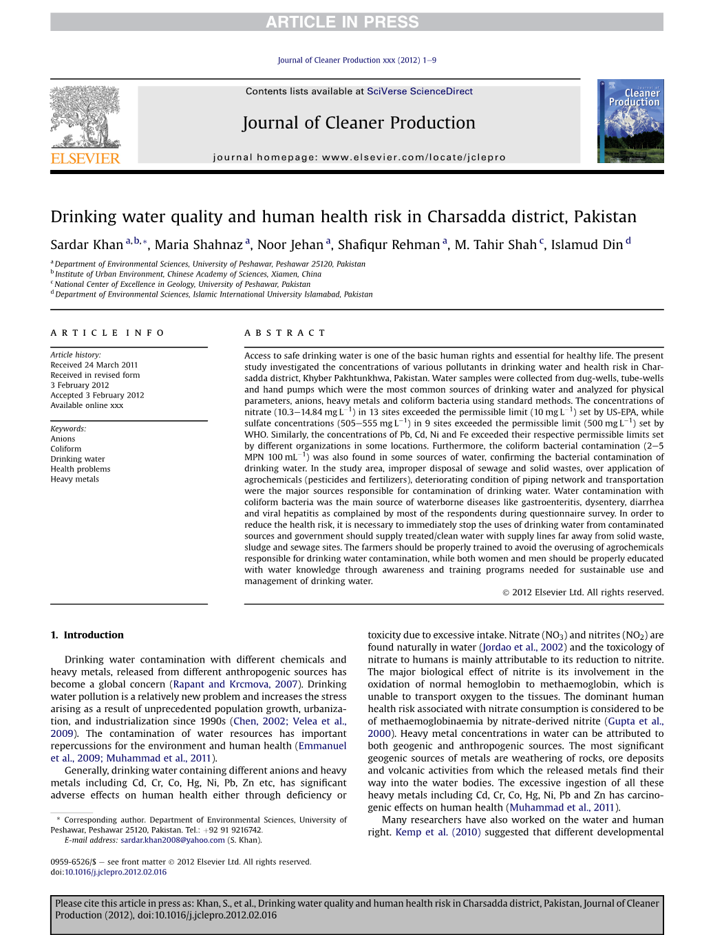 Drinking Water Quality and Human Health Risk in Charsadda District, Pakistan