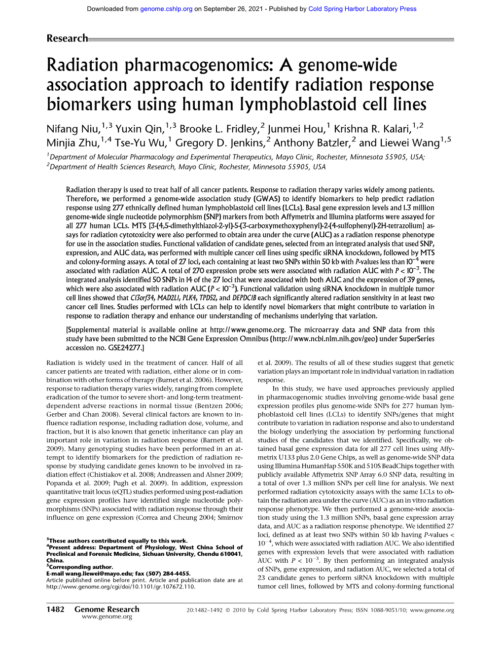 A Genome-Wide Association Approach to Identify Radiation Response Biomarkers Using Human Lymphoblastoid Cell Lines