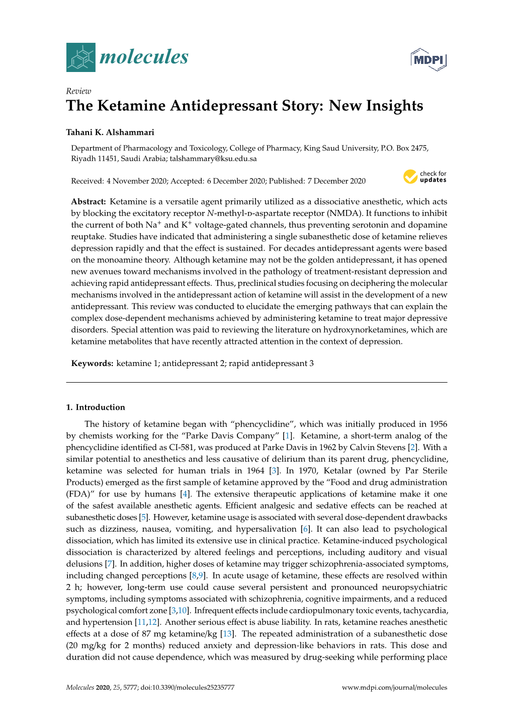 The Ketamine Antidepressant Story: New Insights