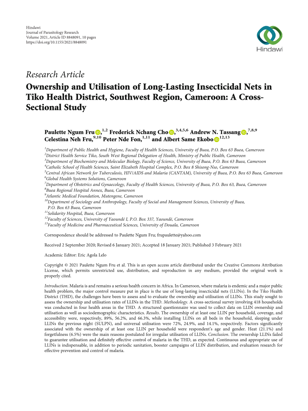 Ownership and Utilisation of Long-Lasting Insecticidal Nets in Tiko Health District, Southwest Region, Cameroon: a Cross- Sectional Study