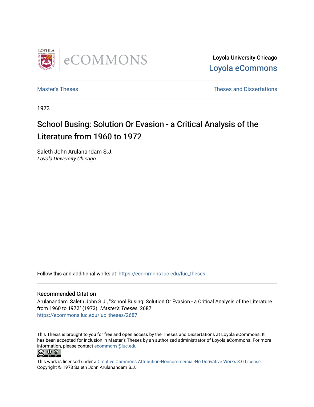 School Busing: Solution Or Evasion - a Critical Analysis of the Literature from 1960 to 1972