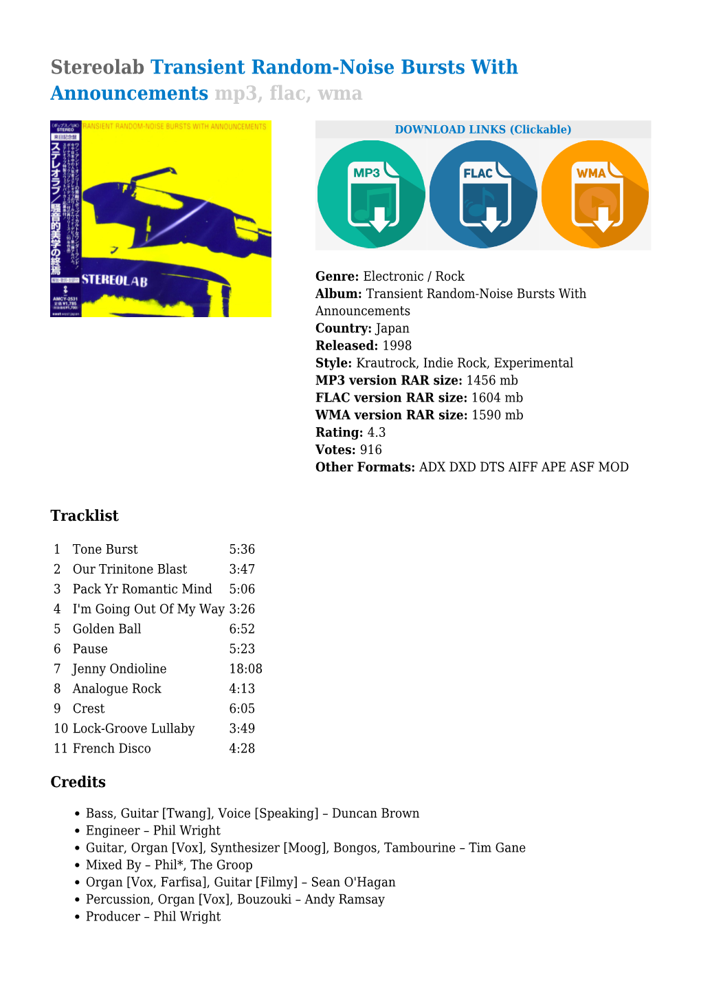 Stereolab Transient Random-Noise Bursts with Announcements Mp3, Flac, Wma