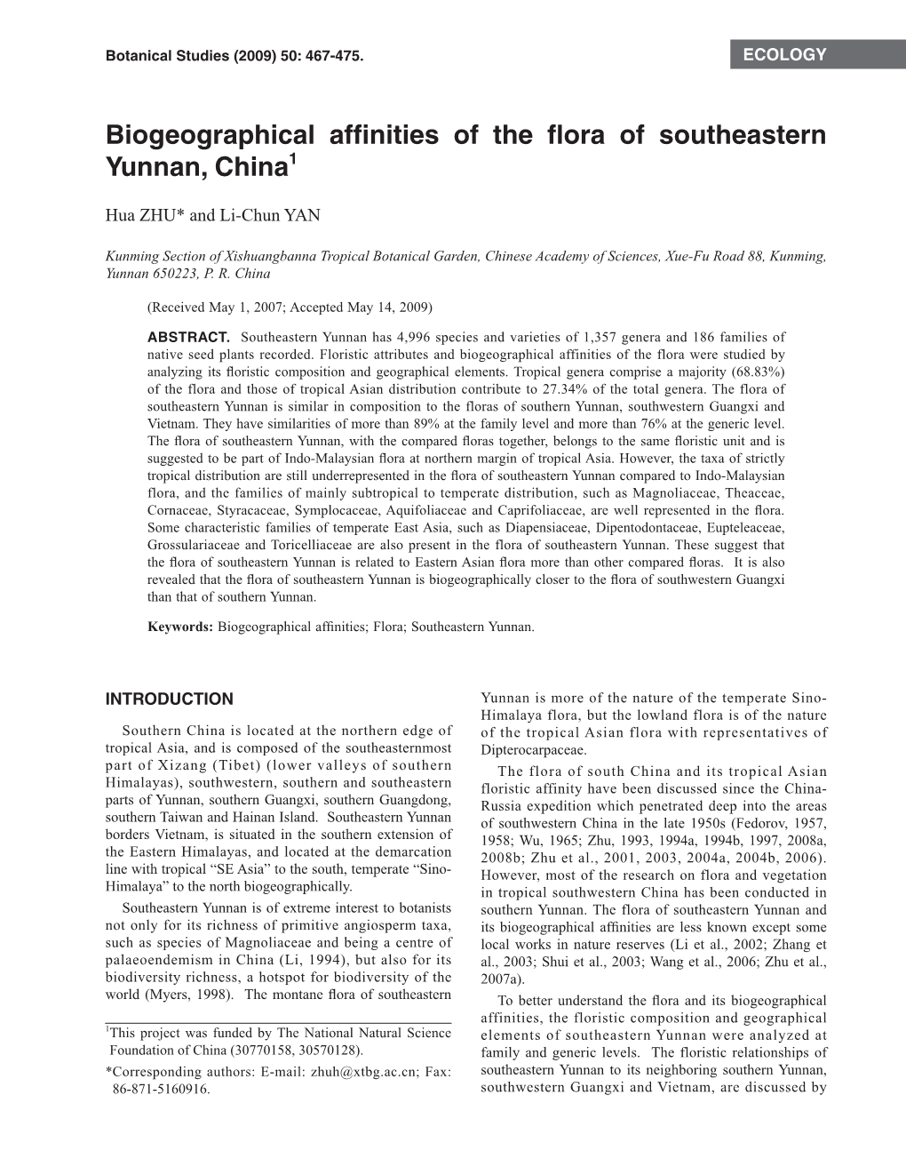 Biogeographical Affinities of the Flora of Southeastern Yunnan, China1