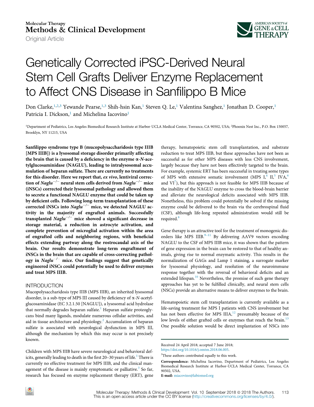Genetically Corrected Ipsc-Derived Neural Stem Cell Grafts Deliver Enzyme Replacement to Affect CNS Disease in Sanﬁlippo B Mice