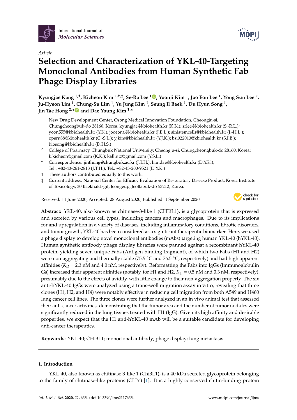 Selection and Characterization of YKL-40-Targeting Monoclonal Antibodies from Human Synthetic Fab Phage Display Libraries