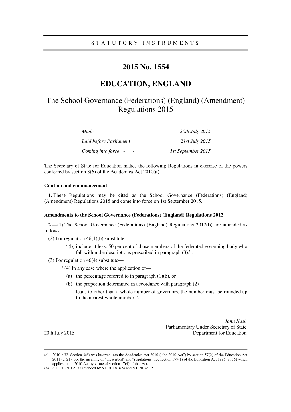 (Federations) (England) (Amendment) Regulations 2015