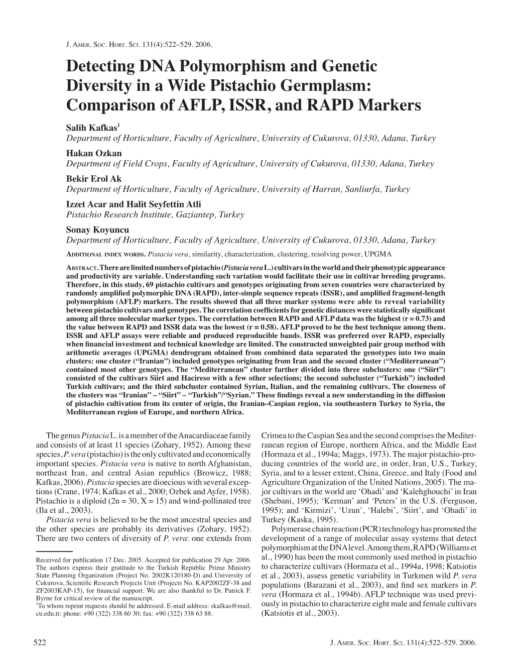 Detecting DNA Polymorphism and Genetic Diversity in a Wide Pistachio Germplasm: Comparison of AFLP, ISSR, and RAPD Markers