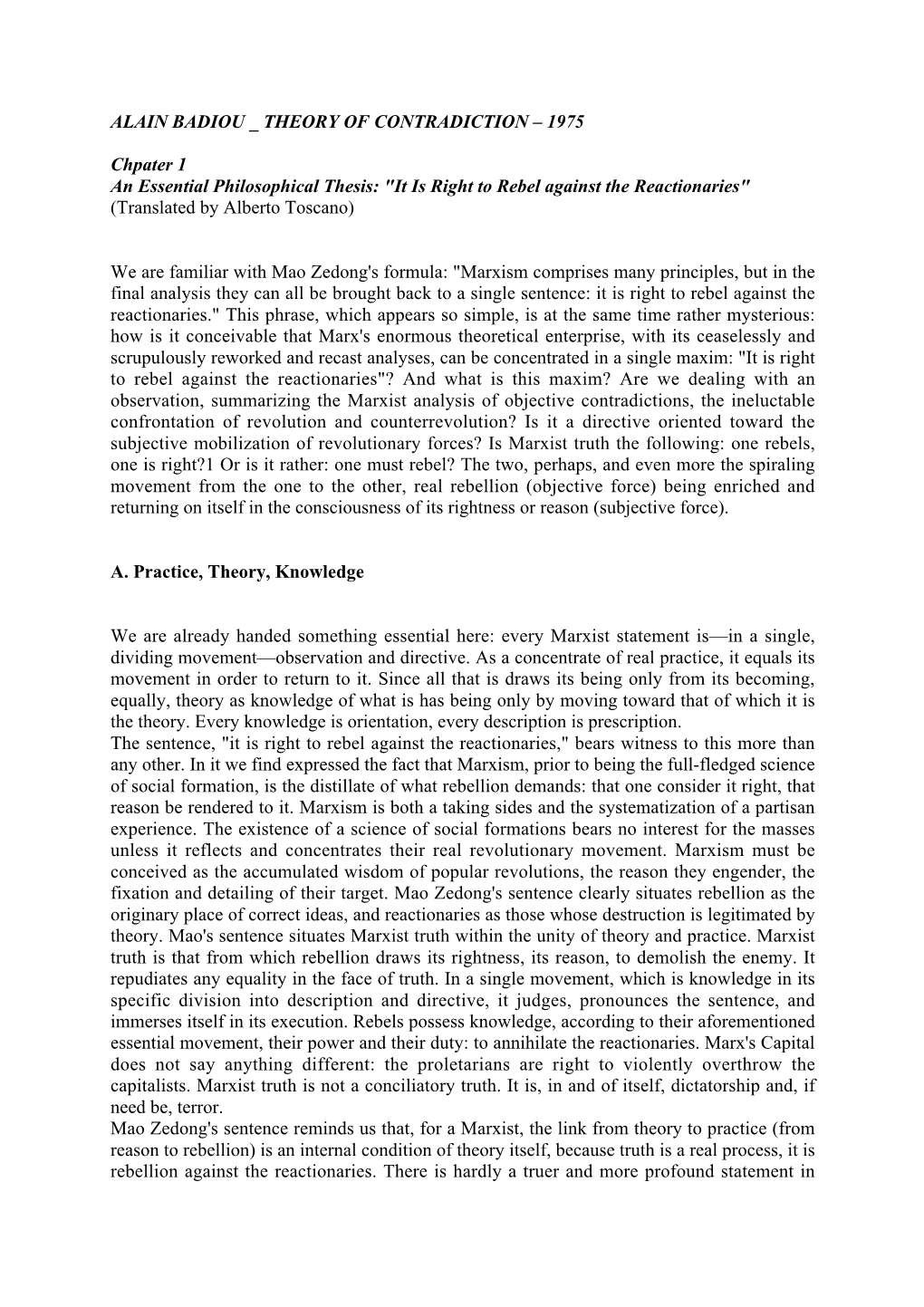 Alain Badiou Theory of Contradiction – 1975