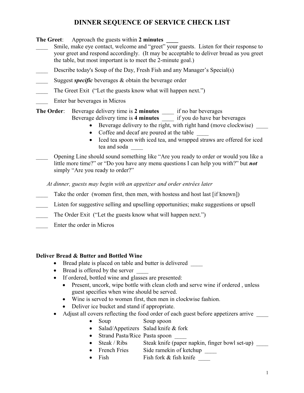 Dinner Sequence of Service Check List