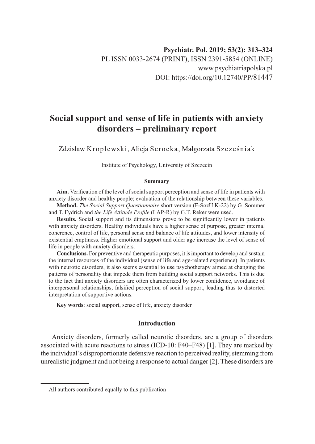 Social Support and Sense of Life in Patients with Anxiety Disorders – Preliminary Report