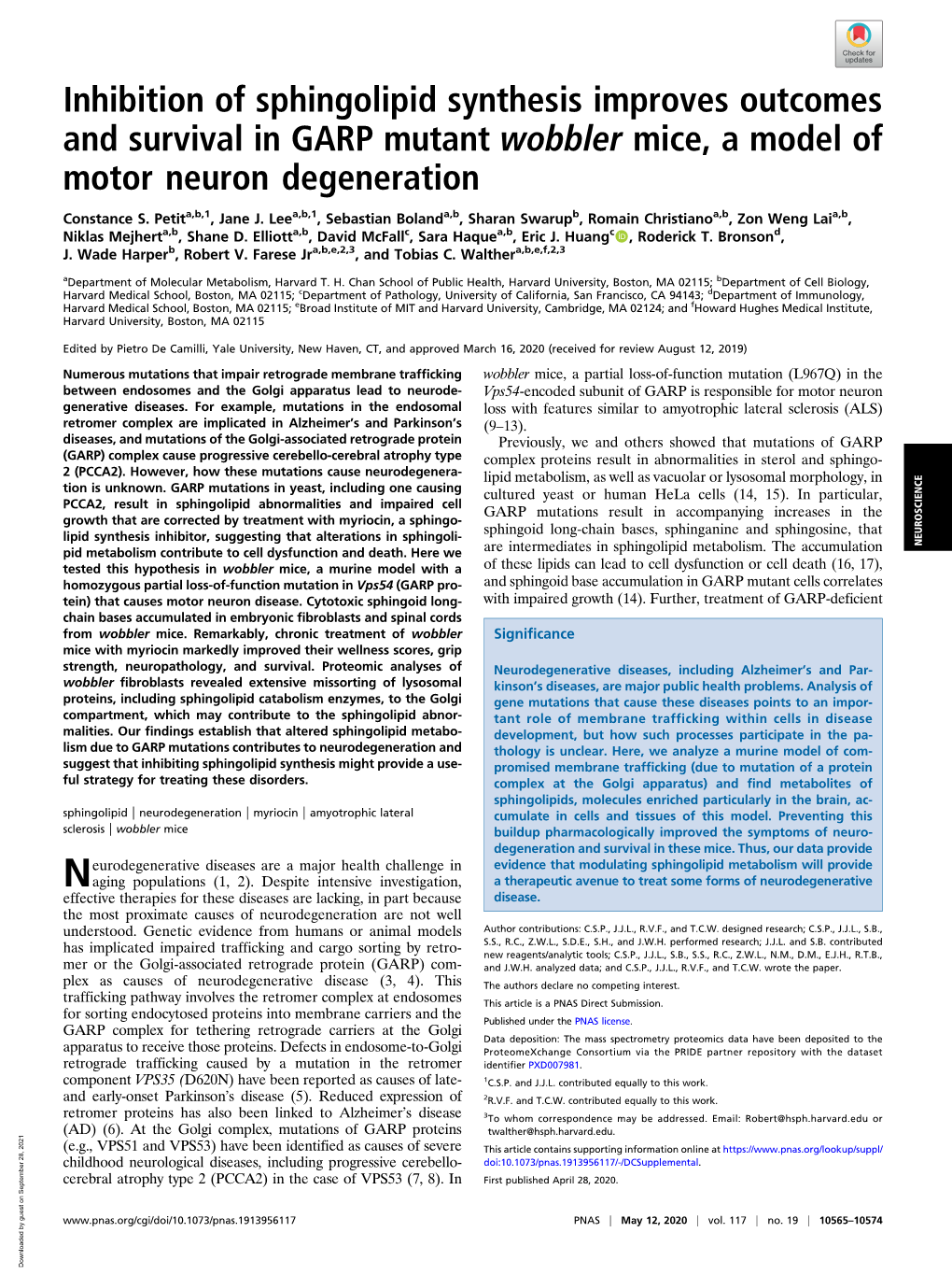 Inhibition of Sphingolipid Synthesis Improves Outcomes and Survival in GARP Mutant Wobbler Mice, a Model of Motor Neuron Degeneration